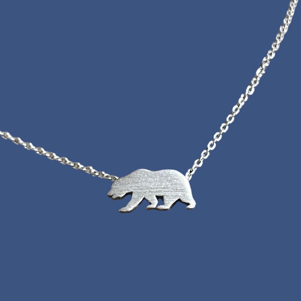 Bear Charm Necklace Dainty Silver Tone Tiny Pendant Brushed Metal California 20"